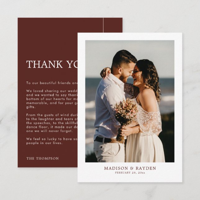 Modern Simple Burnt Orange with Photo Wedding Thank You Card (Front/Back)