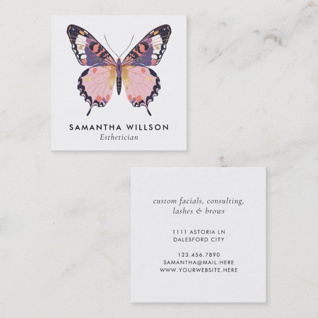 Modern Simple Butterfly Pink Purple Whimsical Square Business Card (Front/Back)