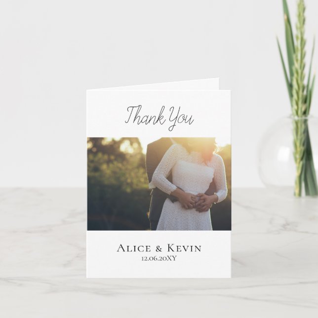 Modern Simple Calligraphy Photo Wedding Thank You Card (Front)