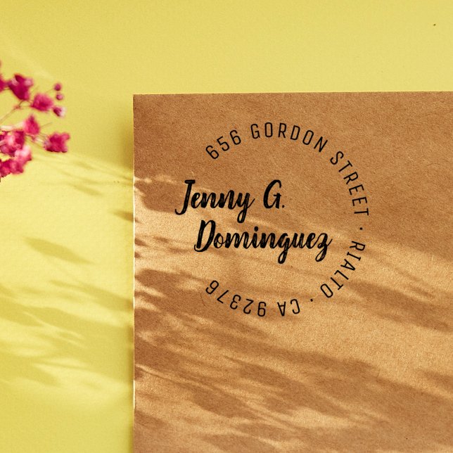 Modern & Simple Calligraphy Round Return Address Self-inking Stamp (Rubber Stamp Mock-up)