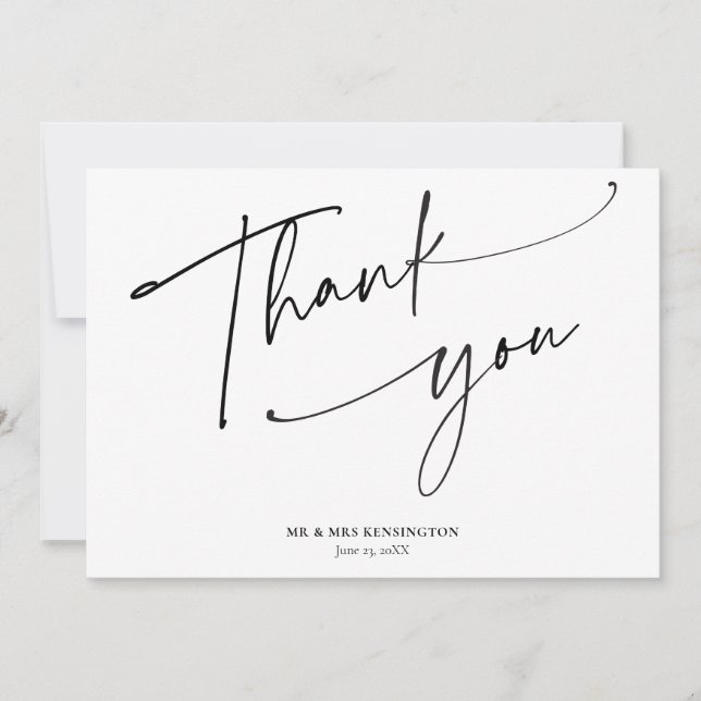 Modern Simple Calligraphy Script Photo Wedding Thank You Card (Front)