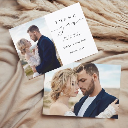 Modern Simple Calligraphy Wedding 2 Photo Thank You Card