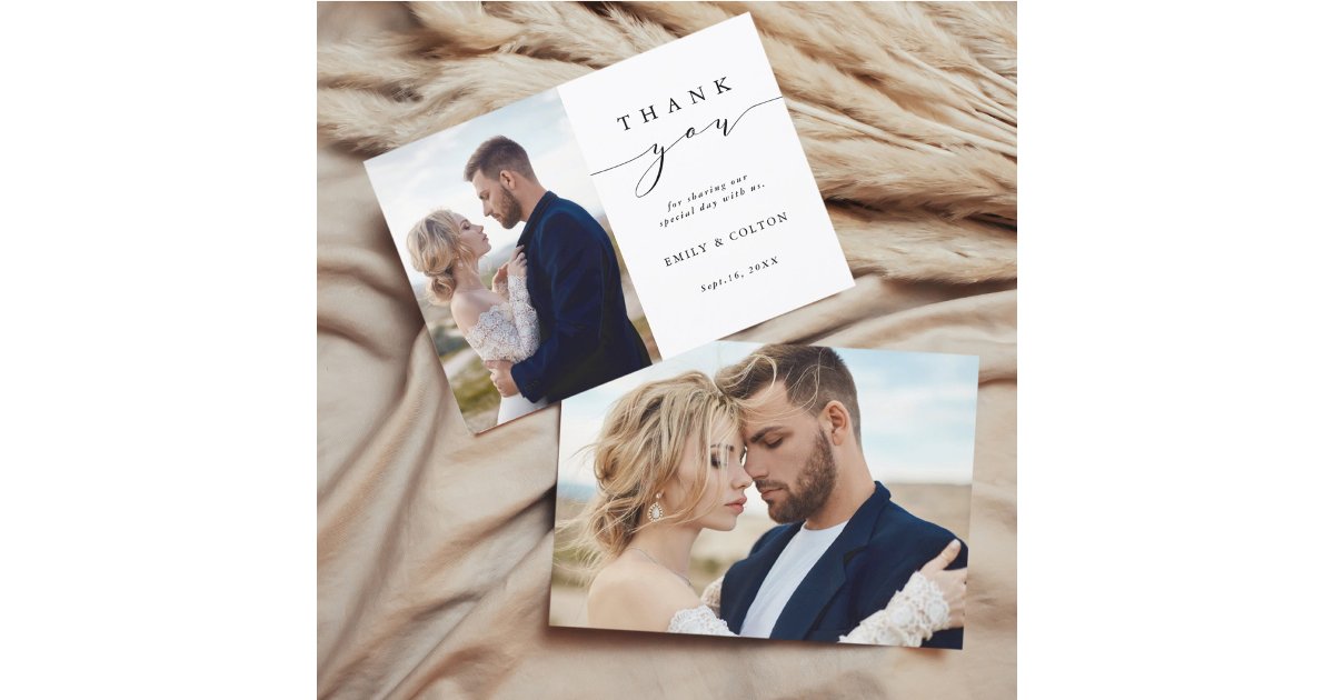Modern Simple Calligraphy Wedding 2 Photo Thank You Card | Zazzle