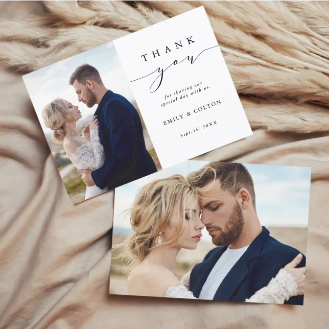 Modern Simple Calligraphy Wedding 2 Photo Thank You Card | Zazzle