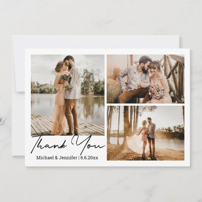 modern simple calligraphy wedding 3 photos collage note card (Front)