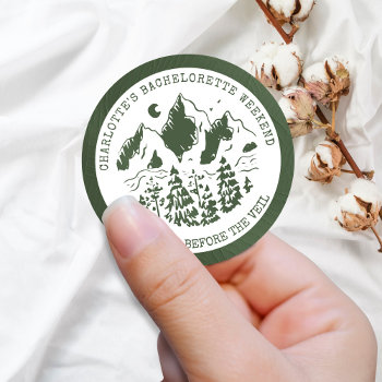 Modern Simple Camping Weekend Bachelorette Party Classic Round Sticker by thebusinessbunny at Zazzle