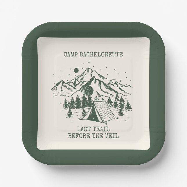Modern Simple Camping Weekend Bachelorette Party Paper Plates (Front)