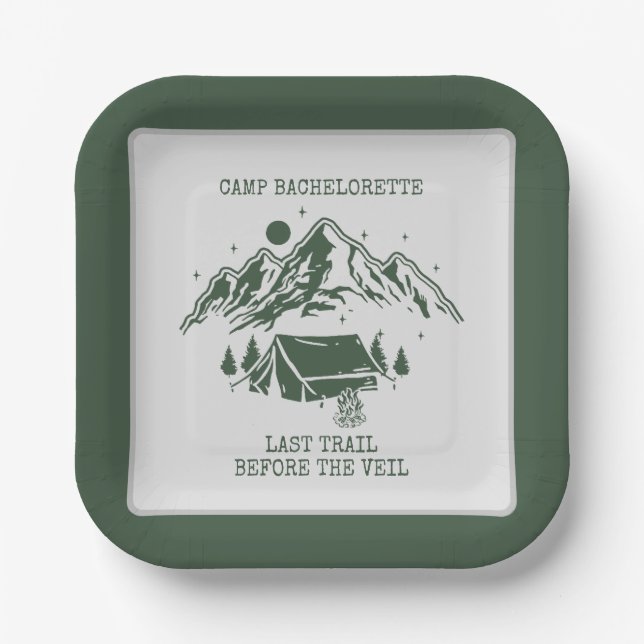 Modern Simple Camping Weekend Bachelorette Party Paper Plates (Front)