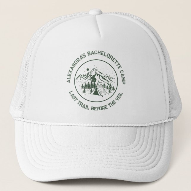 Modern Simple Camping Weekend Bachelorette Party Trucker Hat (Front)