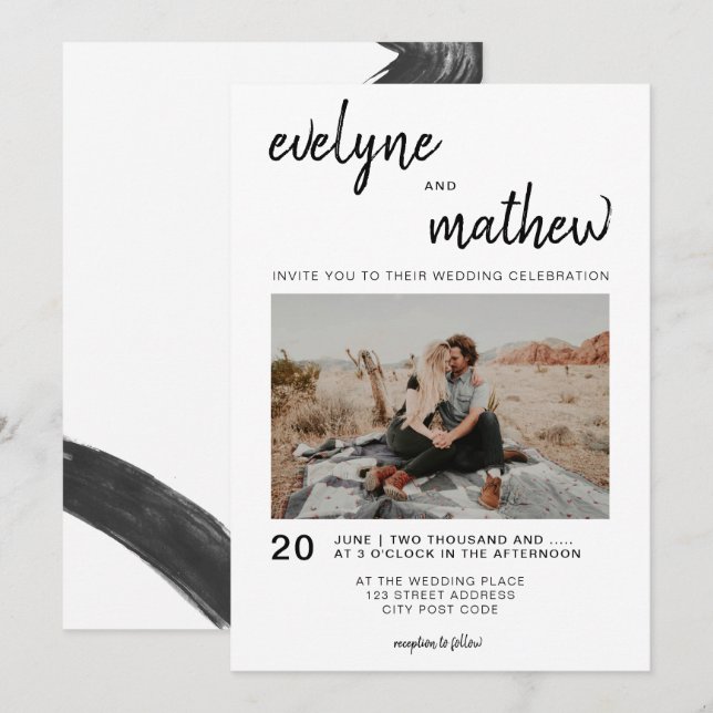 Modern simple casual black white photo wedding invitation (Front/Back)