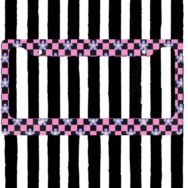Modern Simple Checkered Pink Checkmate Floral Dais License Plate Frame (Creator Uploaded)