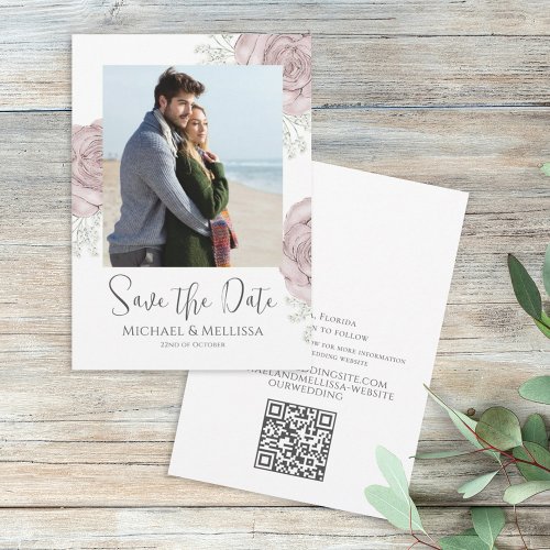 Modern Simple Chic Dusty Blue Floral Photo QR Code Save The Date