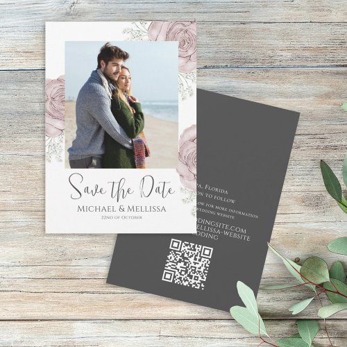 Modern Simple Chic Dusty Rose Floral Photo QR Code Save The Date