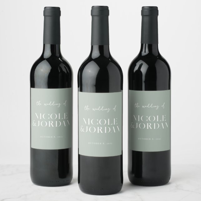 Modern Simple Chic Sage Green Wedding Wine Label (Bottles)