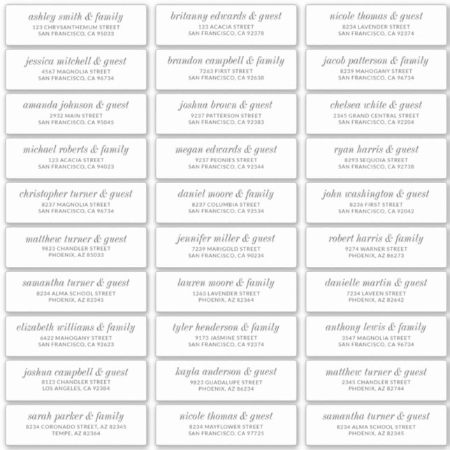 Modern Simple Chic Wedding Guest Names Address Sticker (Front)