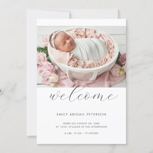 Modern Simple Chic Welcome Baby Girl Boy Photo Announcement