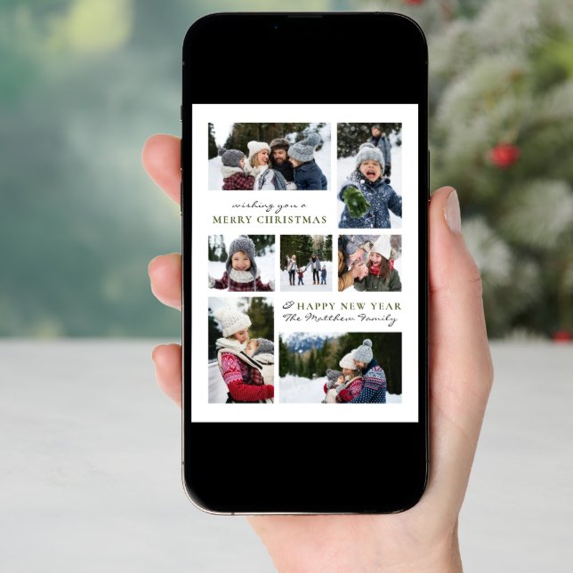 Modern Simple Christmas Family Seven Photo Collage Holiday Card (Front Digital)