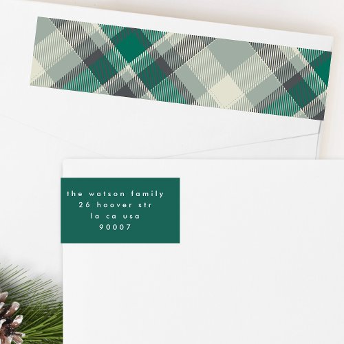 Modern Simple Christmas Green Plaid Return Address Wrap Around Label