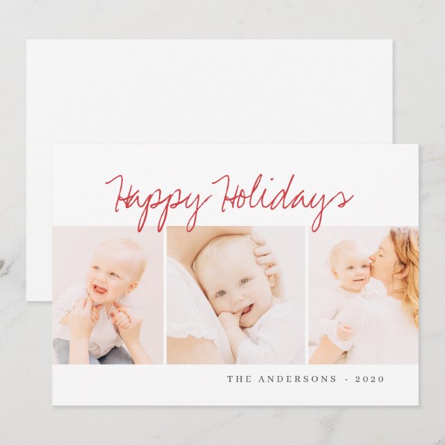 Modern Simple Christmas Greeting Three Photo Holiday Card (Front/Back)