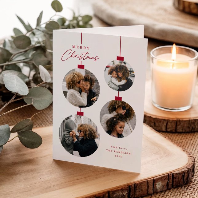Modern Simple Christmas Ornament 4 Photo Folded Holiday Card (Modern christmas ornaments 4 photo collage folded holiday cards.)
