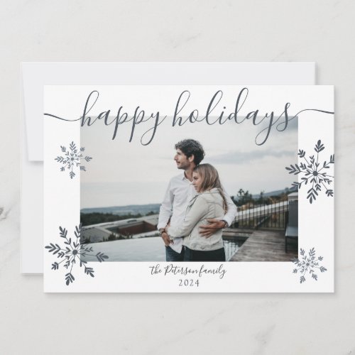 Modern simple Christmas script snowflakes photo Holiday Card