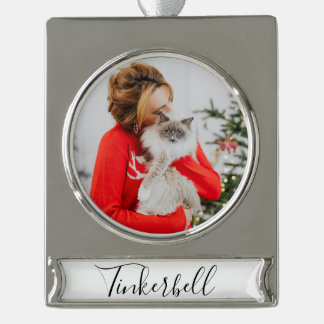 Modern Simple Classic at Name and Pet Photo  Silver Plated Banner Ornament