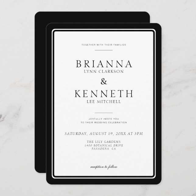 Modern Simple Classic Elegance Black Frame Wedding Invitation (Front/Back)