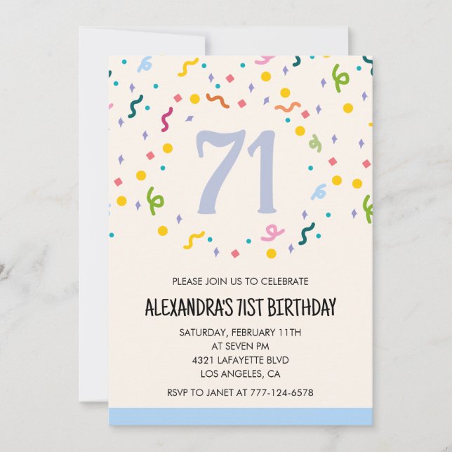 Modern Simple Confetti  71st birthday invitations  (Front)