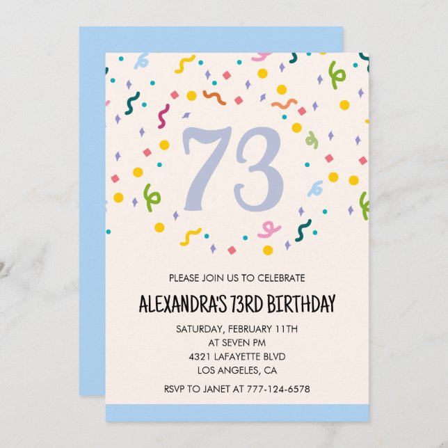 Modern Simple Confetti 73rd birthday invitations  (Front/Back)