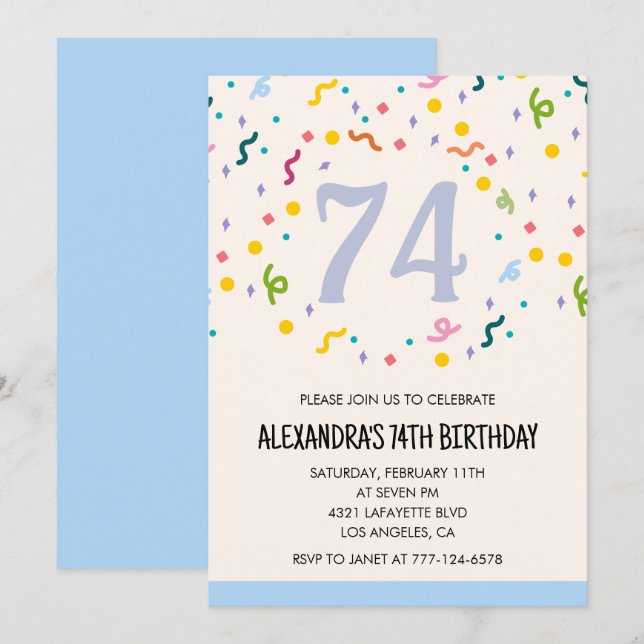 Modern Simple Confetti 74th birthday invitations  (Front/Back)