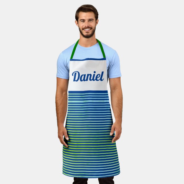 Modern Simple Cool Stripes Blue Name Template Apron (Worn)