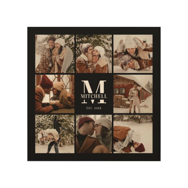 Modern Simple Couple Photo Collage | Monogram Gift Wood Wall Art (Front)