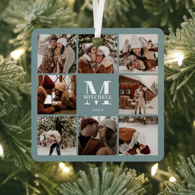 Modern Simple Couple Photo Collage | Monogram Sage Metal Ornament (Insitu)