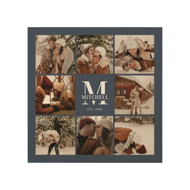 Modern Simple Couple Photo Collage | Navy Blue Wood Wall Art (Front)