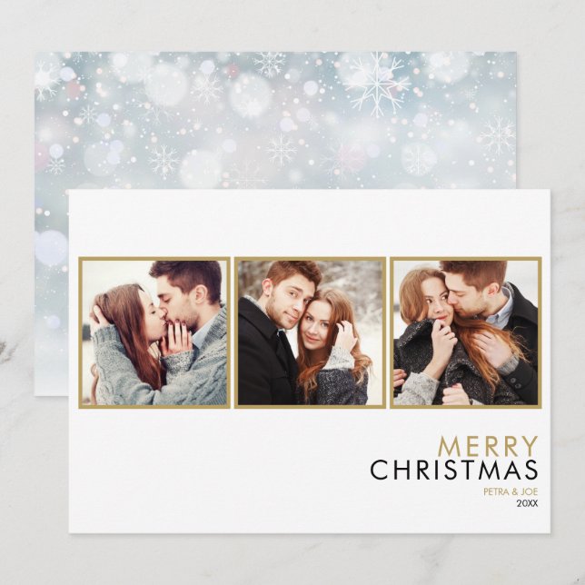 Modern Simple Couples 3 Photo Collage Christmas Holiday Card (Front/Back)