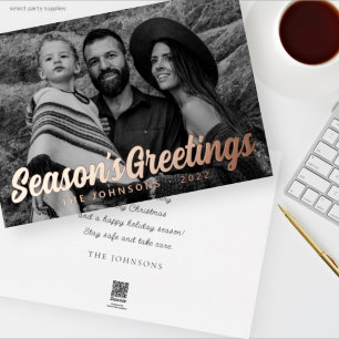 Modern Simple Cursive Script Greeting Family Photo Foil Holiday Card