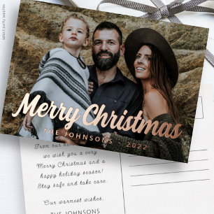 Modern Simple Cursive Script Greeting Family Photo Foil Holiday Postcard