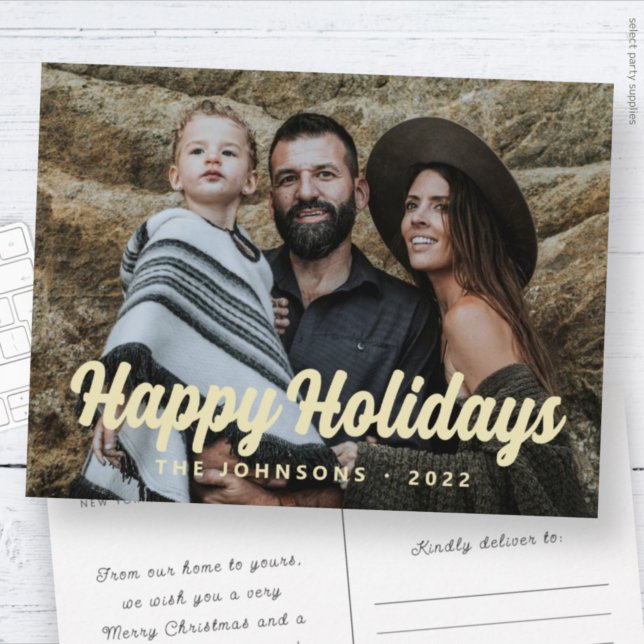 Modern Simple Cursive Script Greeting Family Photo Holiday Postcard (Creator Uploaded)