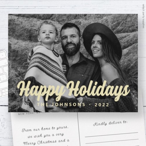 Modern Simple Cursive Script Greeting Family Photo Holiday Postcard