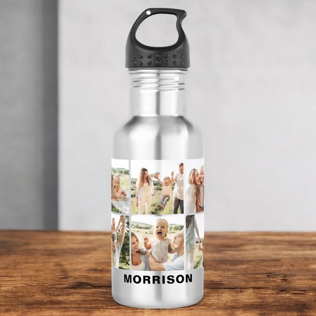 Modern Simple Custom 6 Photo Collage Stainless Steel Water Bottle (Creator Uploaded)
