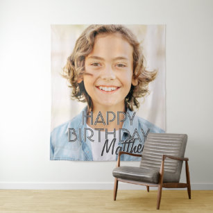 Modern Simple Custom Photo Birthday Greeting Tapestry