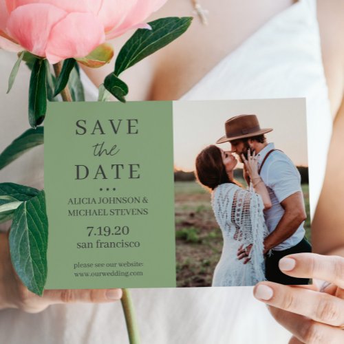 Modern simple custom photo sage green wedding save the date