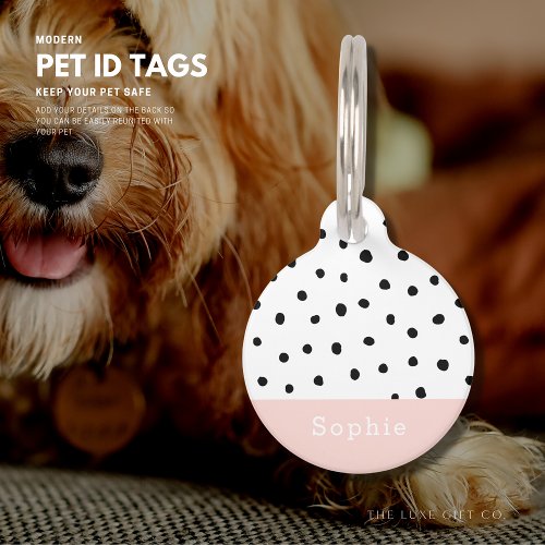 Modern Simple Cute Custom Monogram Pink Polka Dot Pet ID Tag