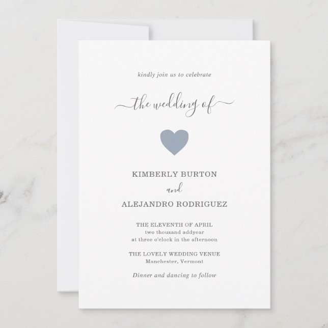 Modern Simple Cute Heart Dusty Blue Wedding Invitation (Front)
