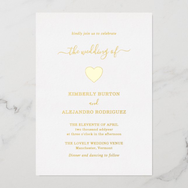 Modern Simple Cute Heart Elegant Gold Wedding Foil Invitation (Front)
