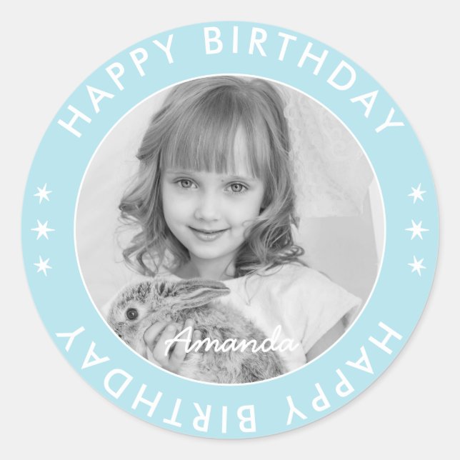 Modern Simple Cute Kids Blue Happy Birthday Photo Classic Round Sticker (Front)