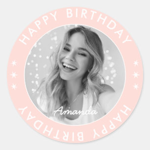 Modern Simple Cute Pink Happy Birthday Photo Classic Round Sticker