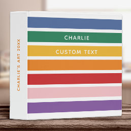 Modern Simple Cute Rainbow Custom Name Striped Kid 3 Ring Binder