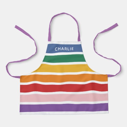 Modern Simple Cute Rainbow Custom Name Striped Kid Apron