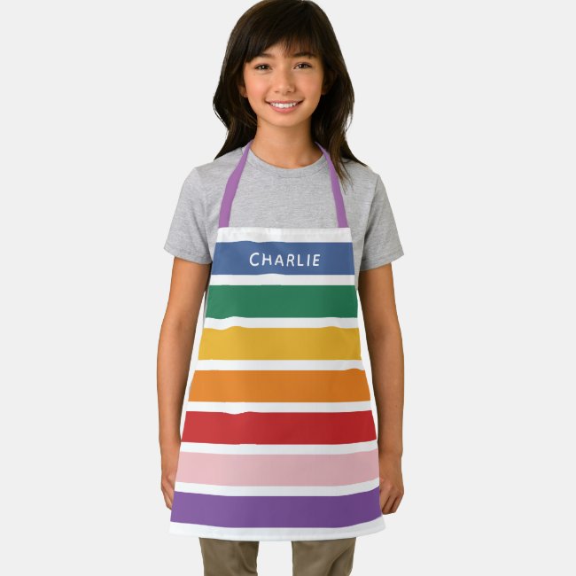 Modern Simple Cute Rainbow Custom Name Striped Kid Apron